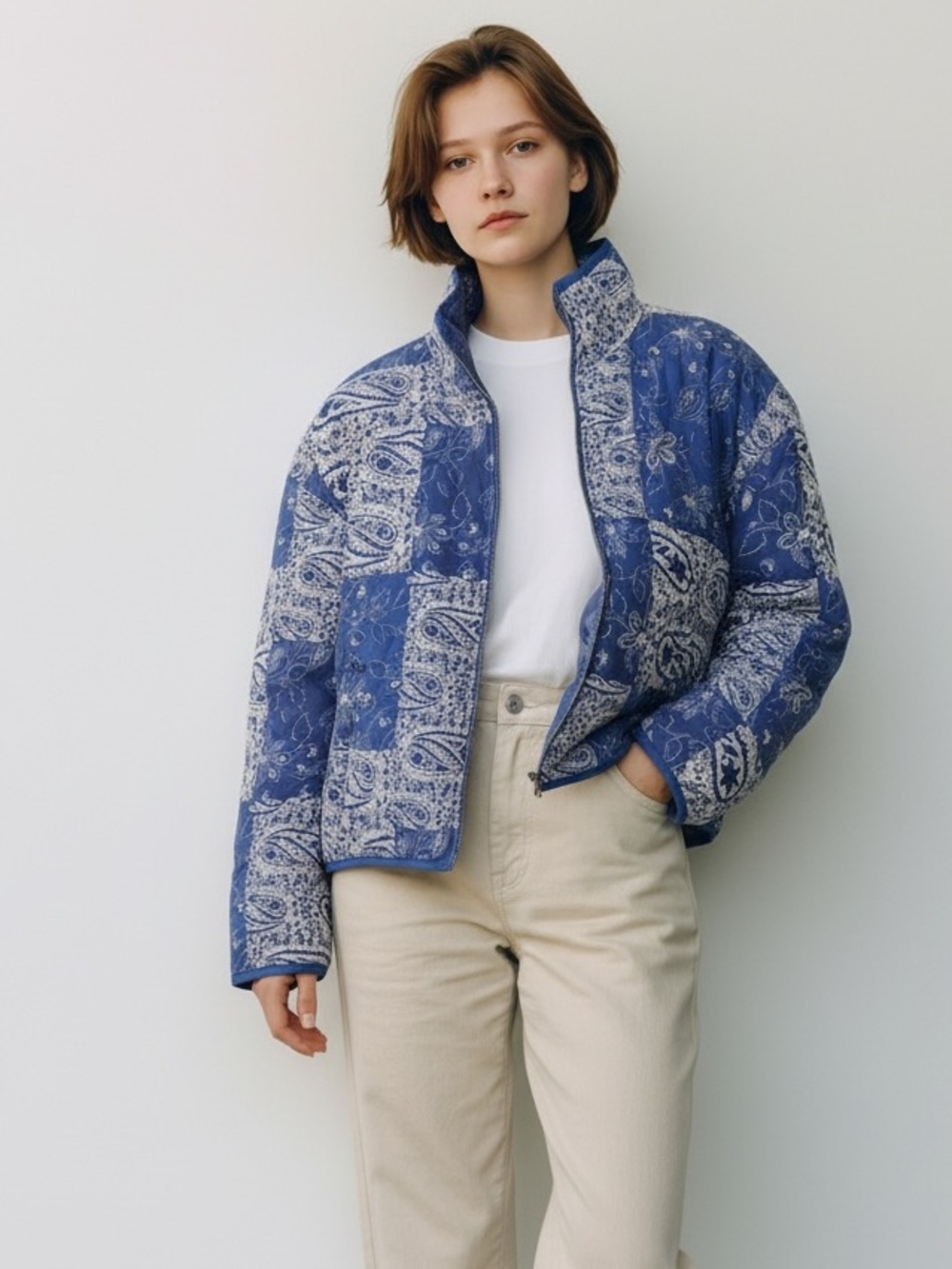 7 For All Mankind Size M Shades Of Blue Floral Patchwork Quilted Puffer Jacket